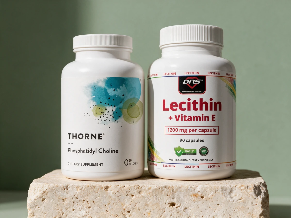 Thorne Phosphatidyl Choline, kapselen til måltidet, og DNS Lecitin + Vitamin E, kapselen med vann