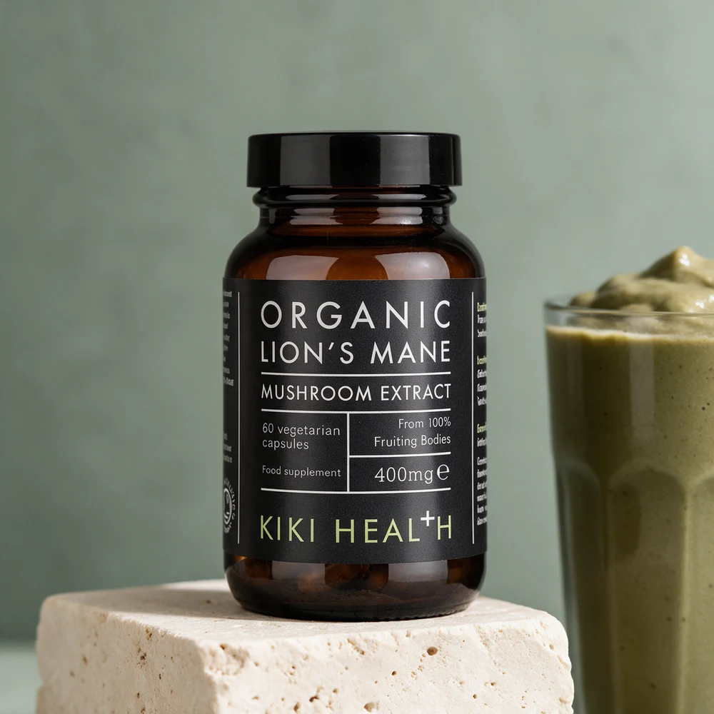 Kiki Health Organic Lions Mane Extract, brun glasskrukke