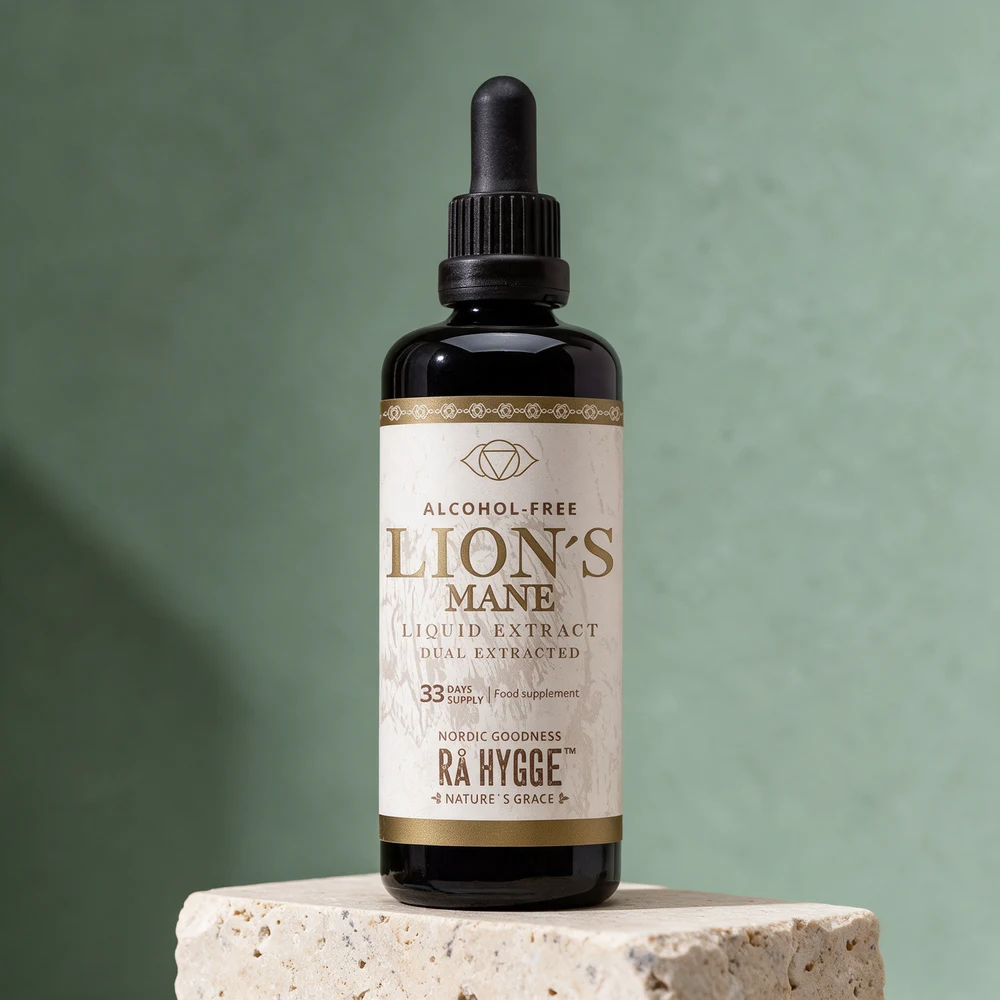 Rå Hygge Lion's Mane flytende ekstrakt, mørk glassflaske med pipette
