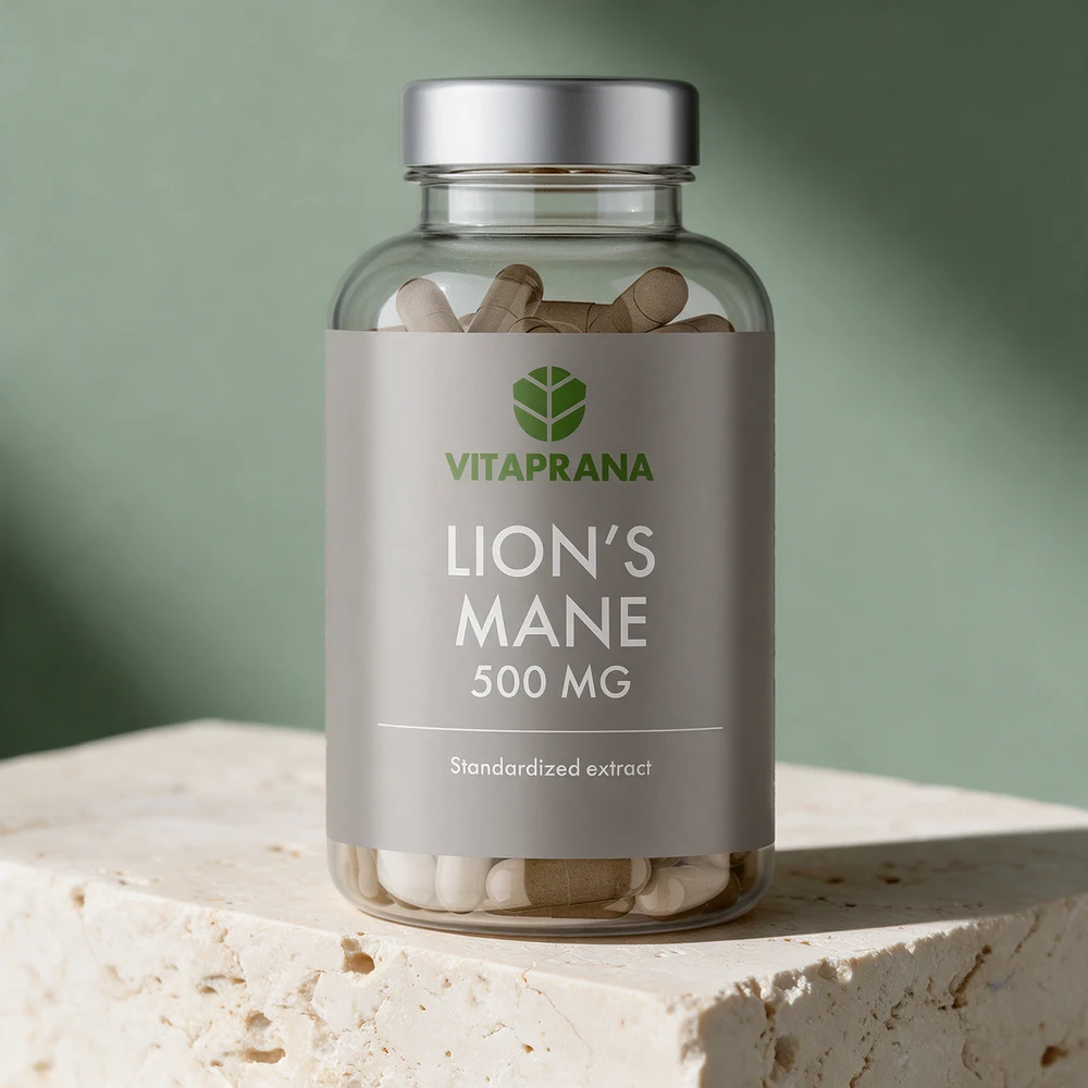 Vitaprana Lion's Mane, gjennomsiktig boks der kapslene synes