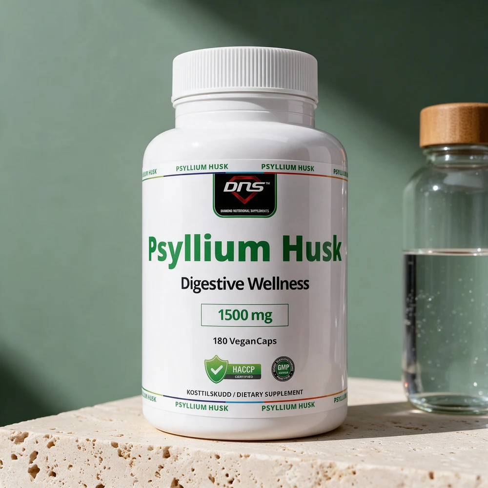 DNS Psyllium Husk Kapsler, boks med 180 veganske kapsler på 500 milligram