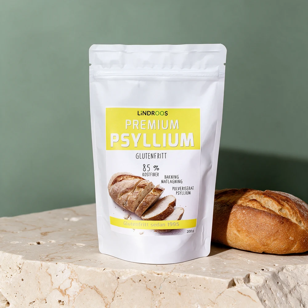 Lindroos Premium Psyllium, pulverisert skall i stående pose på 200 gram