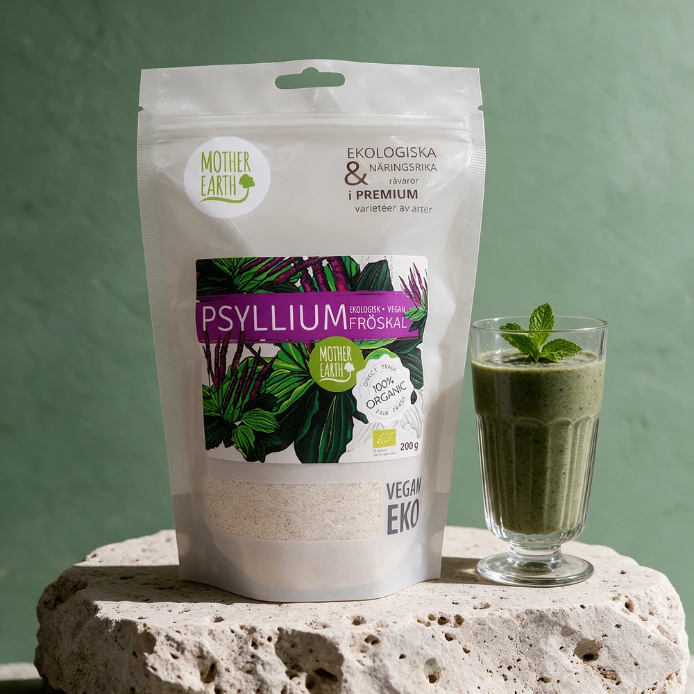 Mother Earth Psylliumskall Premium, økologisk, i stående pose på 200 gram med vindu