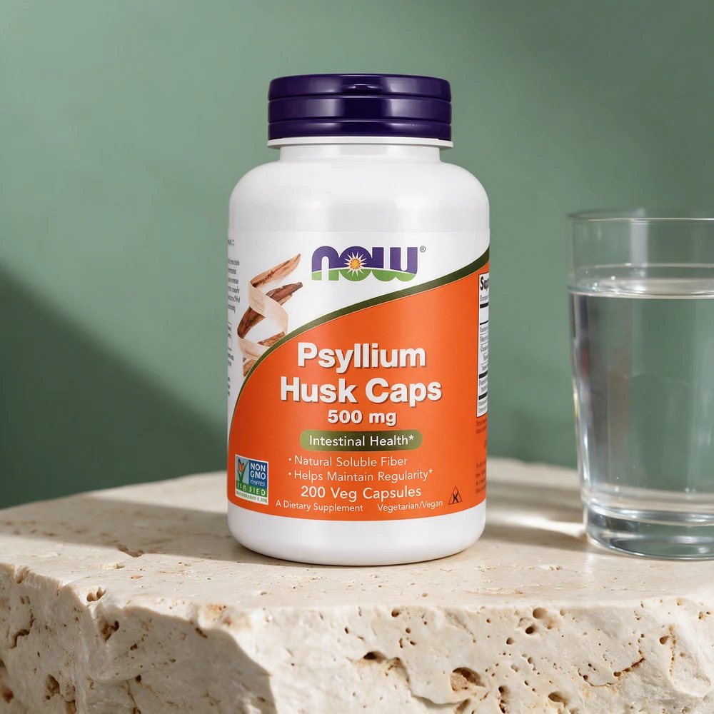 NOW Psyllium Husk Caps, boks med 200 kapsler på 500 milligram