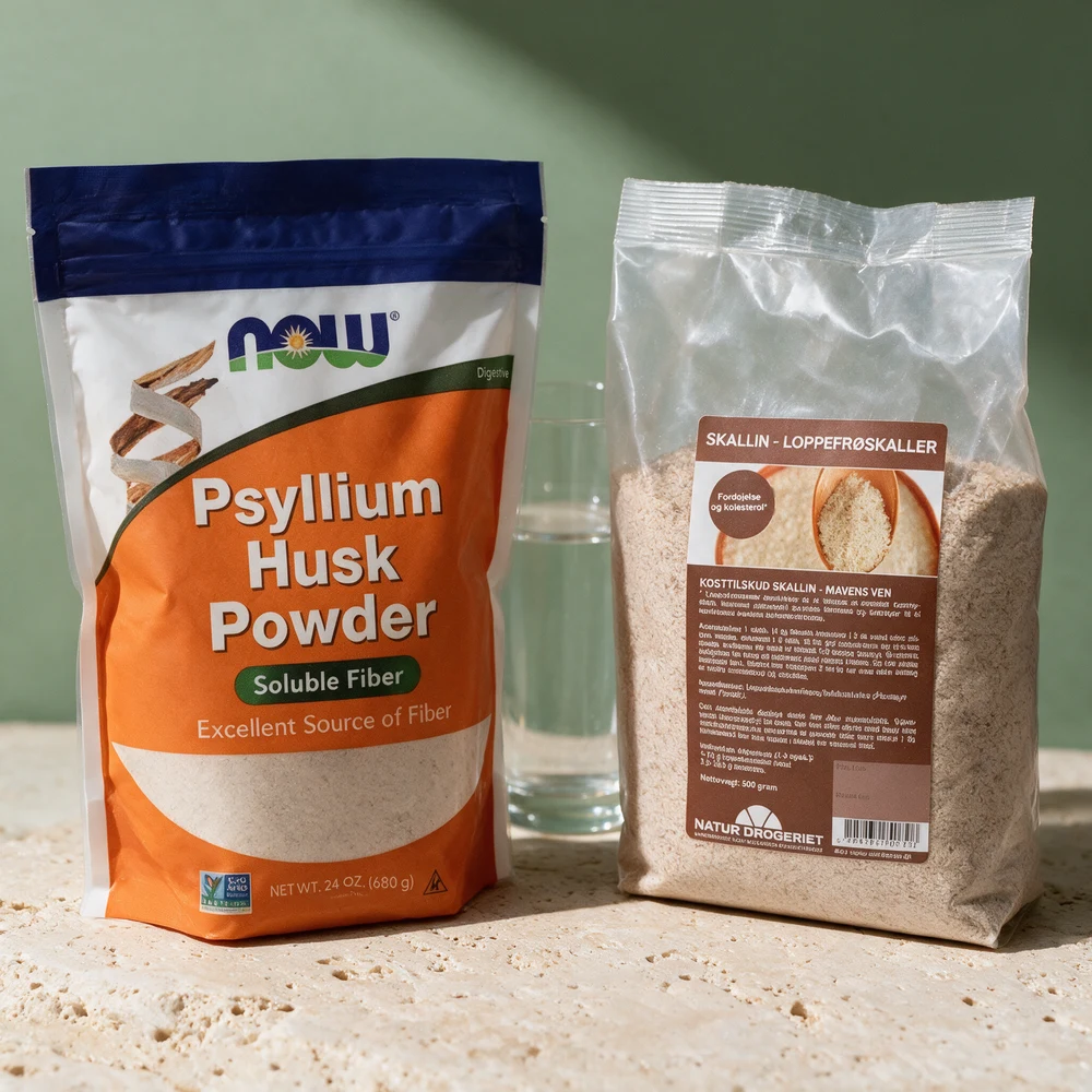 NOW Psyllium Husk Powder i stående pose på 680 gram og Natur-Drogeriet Skallin i klar plastpose på 500 gram