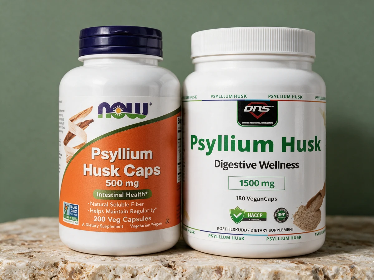 NOW Psyllium Husk Caps og DNS Psyllium Husk Kapsler, to bokser med kapsler på 500 milligram skall