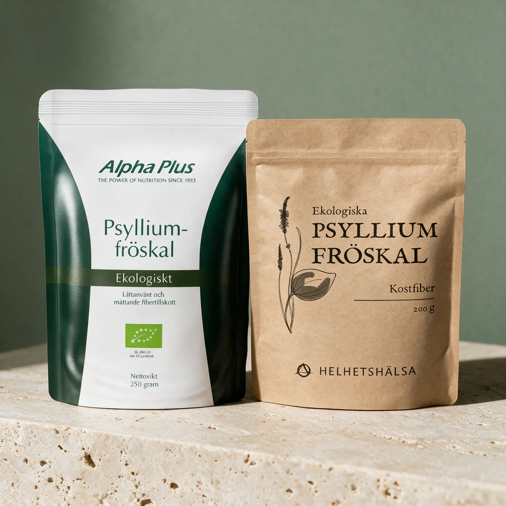 Alpha Plus Psylliumskall i stående pose og Helhetshälsa Psylliumskall i stående pose, begge økologiske