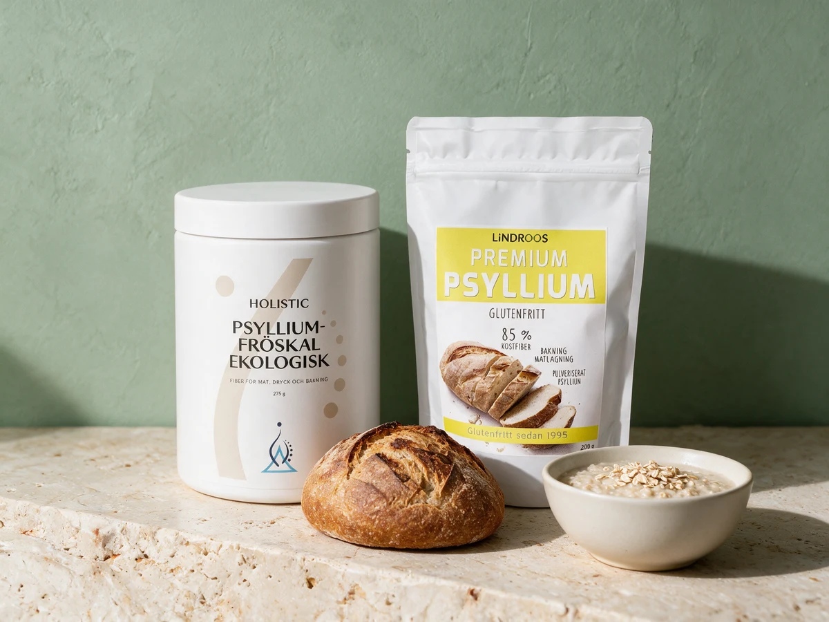 Holistic Psylliumskall i plastburk og Lindroos Premium Psyllium, pulverisert skall til baking, i stående pose