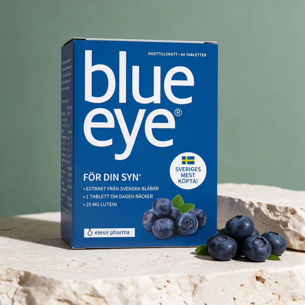 Elexir Pharma Blue Eye, blå eske merket «1 tablett om dagen räcker»