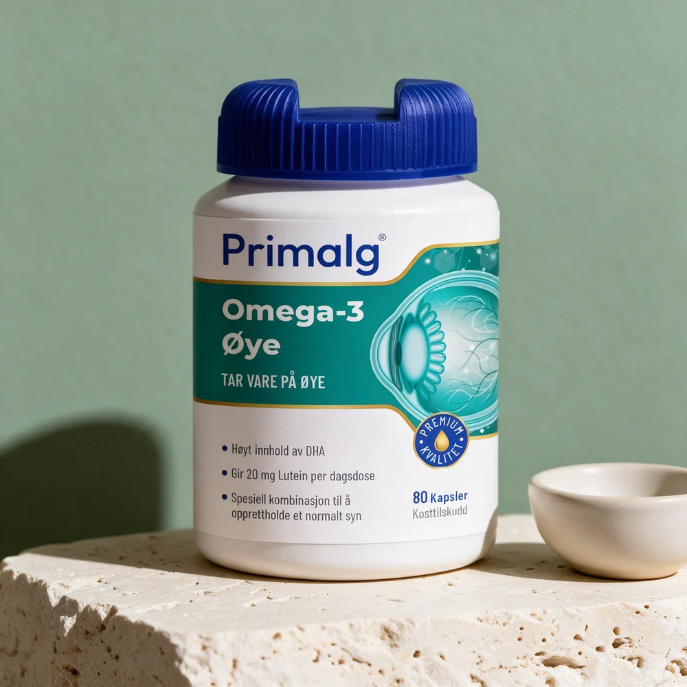 Primalg Omega-3 Øye, hvit boks med blått lokk, 80 kapsler