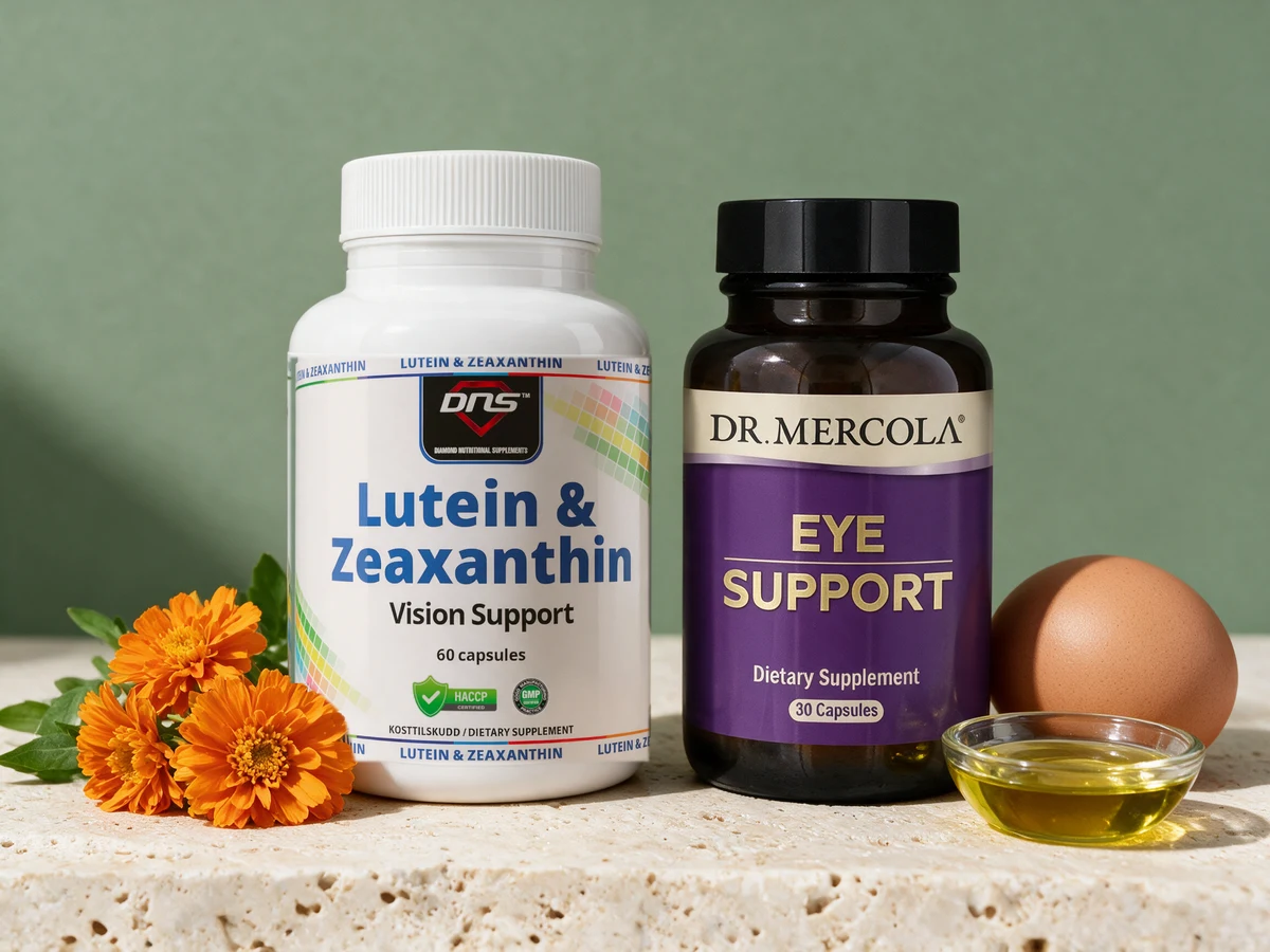 DNS Lutein & Zeaxanthin og Dr. Mercola Eye Support, begge med 10 mg lutein og 2 mg zeaxanthin per kapsel