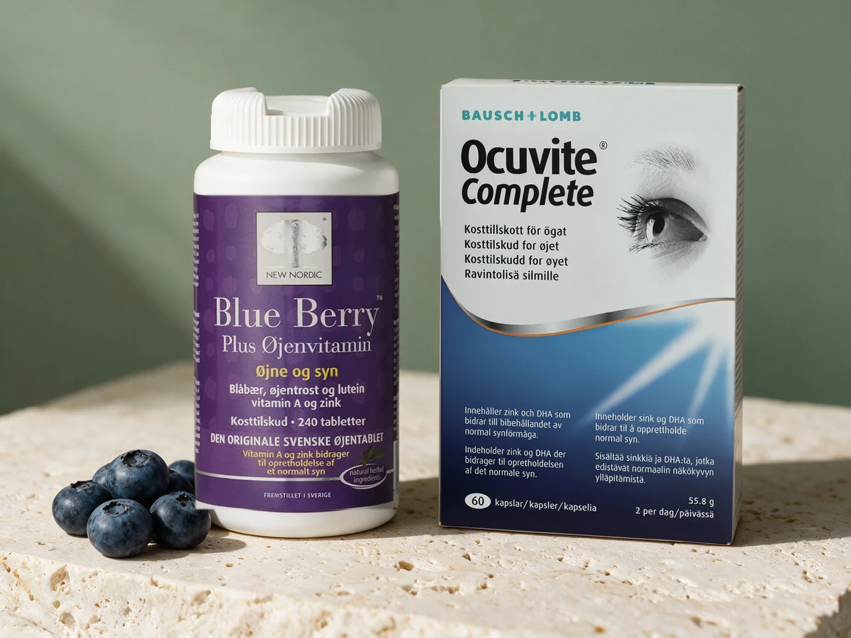 New Nordic Blue Berry Plus med 10 mg sink per dagsdose og Ocuvite Complete med 15 mg