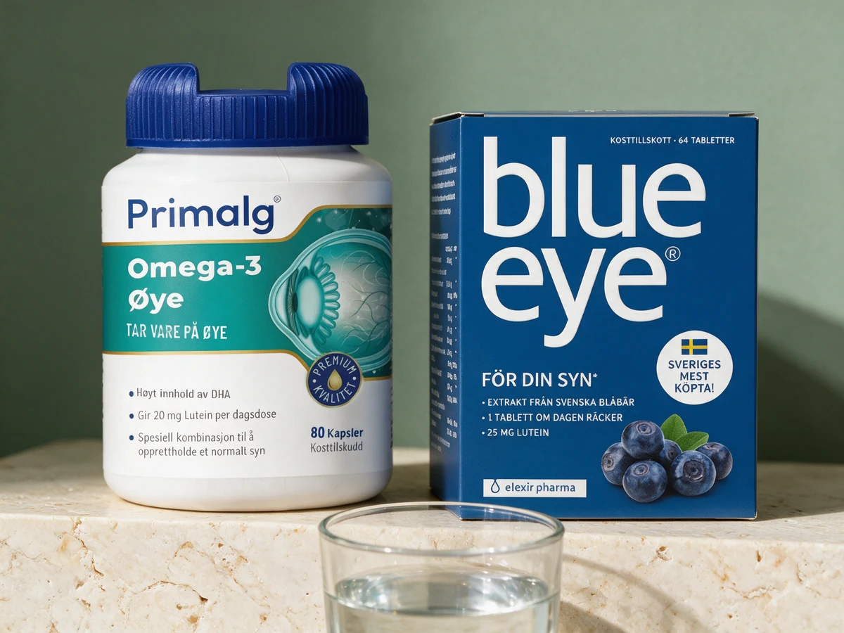 Primalg Omega-3 Øye med to mykkapsler om dagen og Elexir Pharma Blue Eye med én tablett