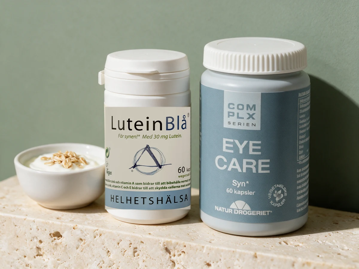Helhetshälsa LuteinBlå med én kapsel om dagen og Natur-Drogeriet Eye Care med to