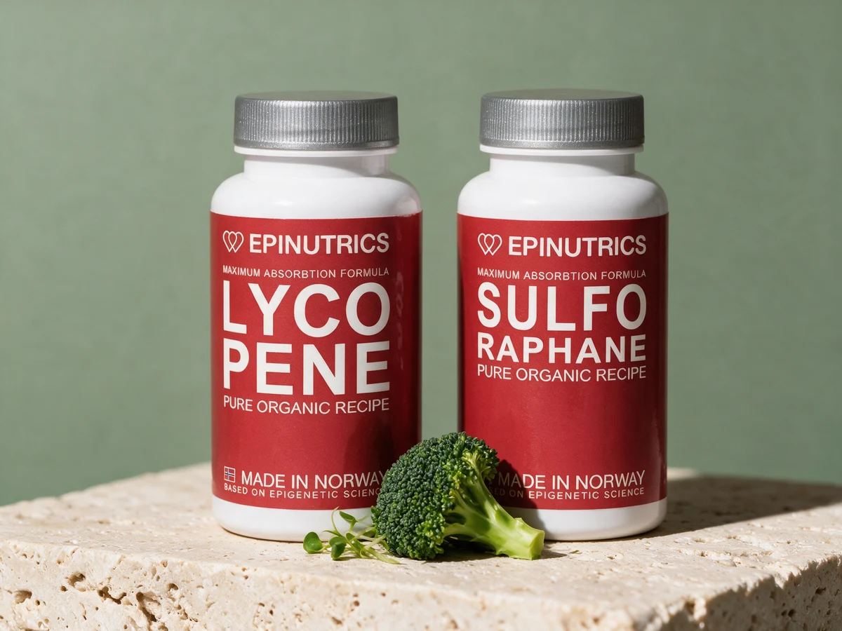 Epinutrics Epi-Lycopene og Epinutrics Epi-Sulforaphane, de to boksene med brokkoli