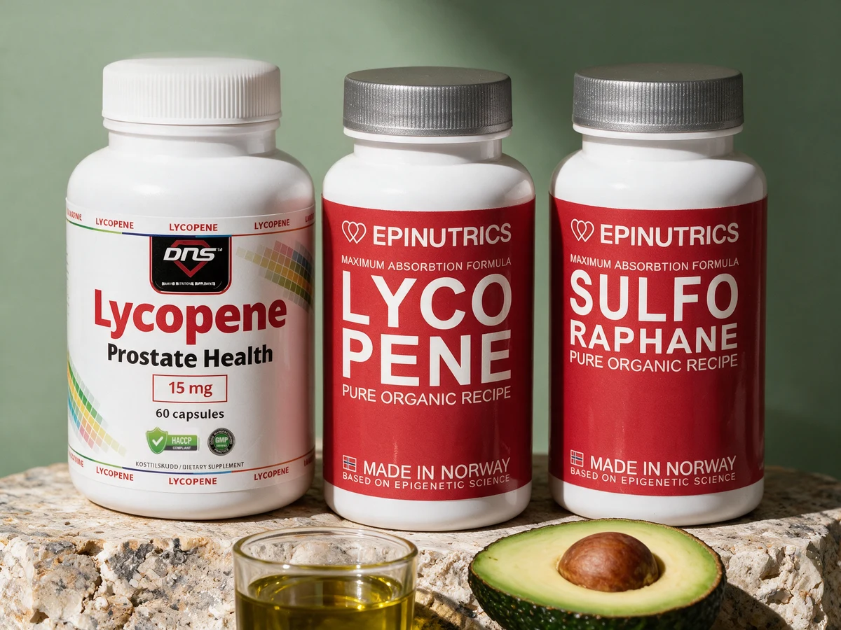 DNS Lycopene, Epinutrics Epi-Lycopene og Epinutrics Epi-Sulforaphane med olivenolje, fettet lykopenet løses i