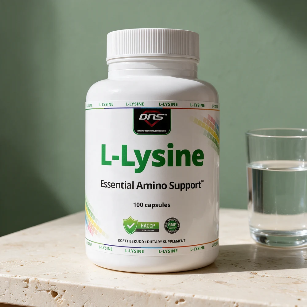 DNS L-Lysine, stor hvit boks med grønn skrift og 100 capsules