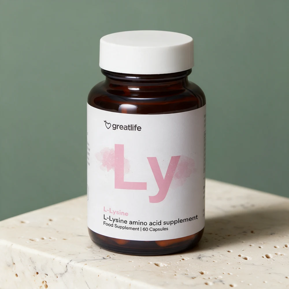 Greatlife L-Lysine, brun glasskrukke med hvitt lokk og 60 capsules