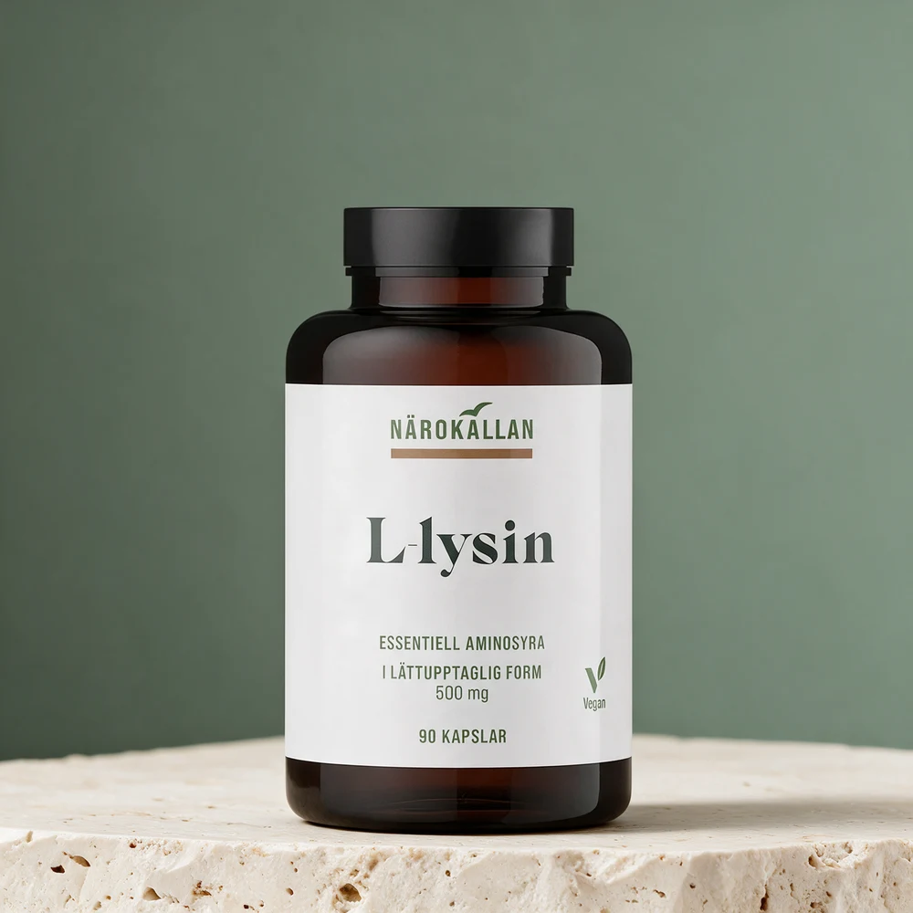 Närokällan L-lysin 500 mg, mørk boks med hvit etikett og 90 kapsler