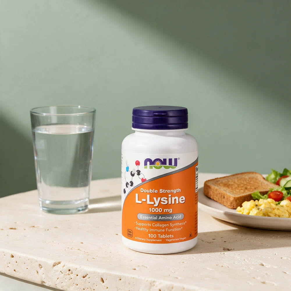 NOW L-Lysine 1000 mg, hvit boks med oransje etikett og mørkeblått lokk, 100 tabletter