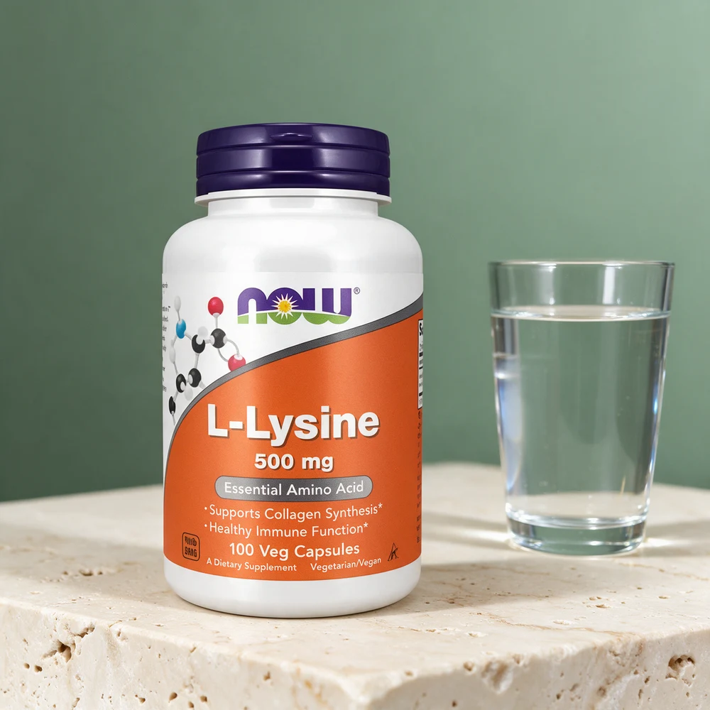 NOW L-Lysine 500 mg, hvit boks med oransje etikett og 100 Veg Capsules