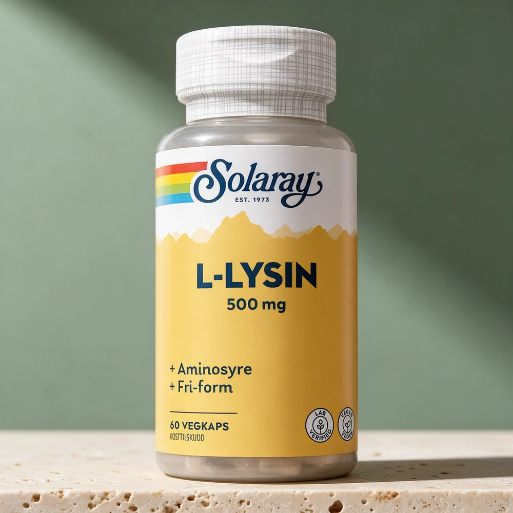 Solaray L-Lysin 500 mg, boks med gul etikett og 60 vegkaps
