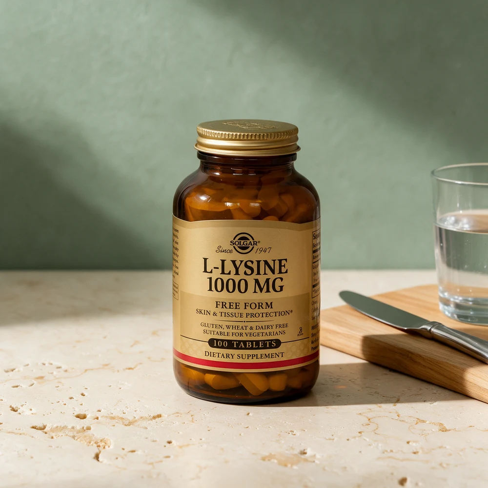 Solgar L-Lysine 1000 mg, brun glassflaske med gullfarget lokk og 100 tabletter