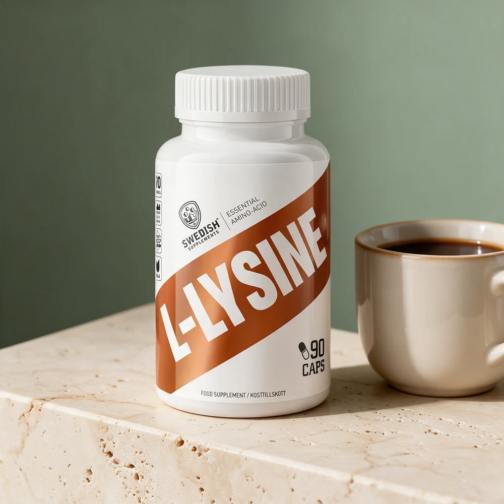Swedish Supplements L-Lysine, hvit boks med kobberfarget bånd og 90 caps