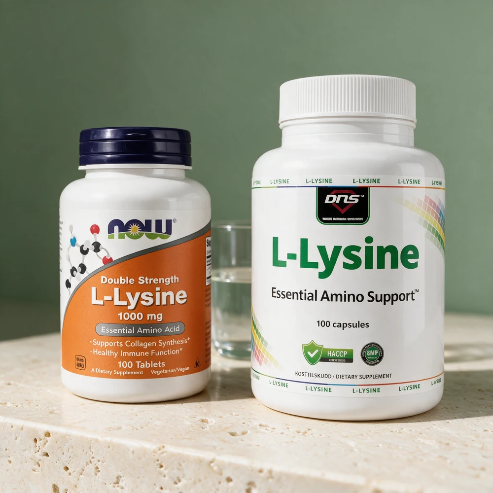 NOW L-Lysine 1000 mg i hvit boks med oransje etikett og DNS L-Lysine i stor hvit boks, et helt gram i én tablett eller to kapsler
