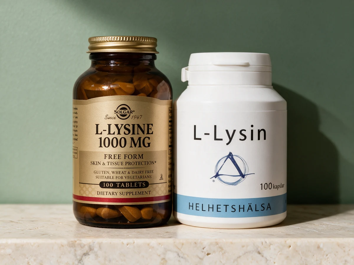 Solgar L-Lysine 1000 mg i brun glassflaske og Helhetshälsa L-lysin i hvit boks med blått bånd, gramtabletten og kapselen uten fyllstoff