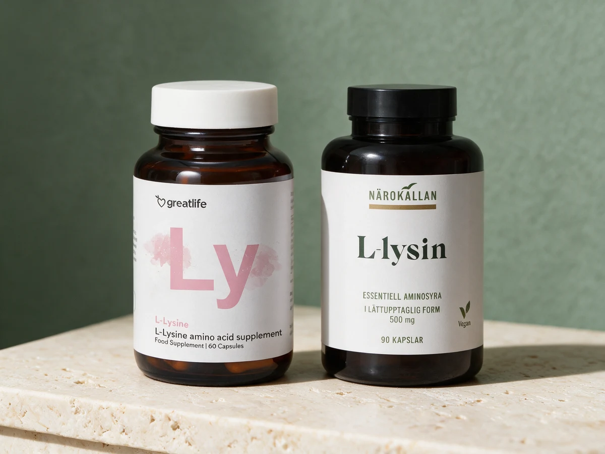 Greatlife L-Lysin i brun glasskrukke og Närokällan L-lysin i mørk boks med 90 kapsler, to korte ingredienslister