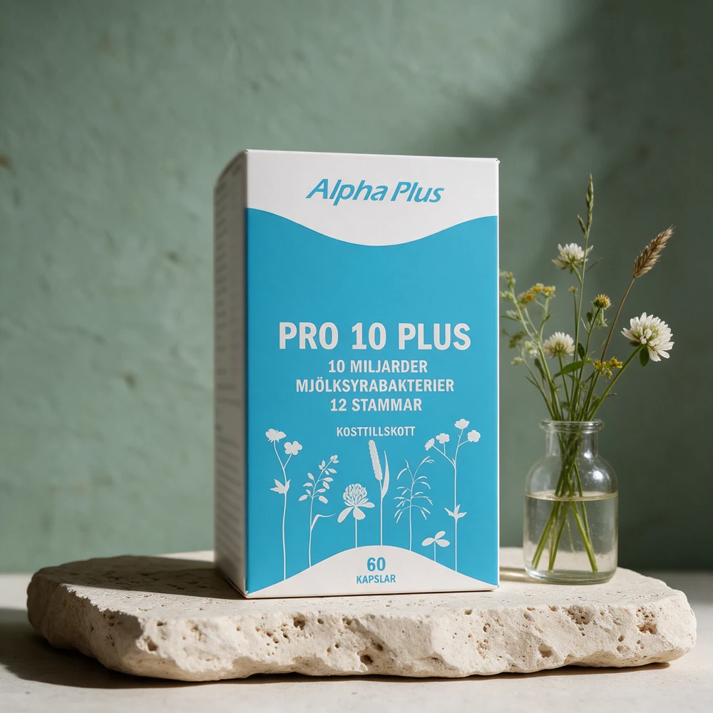 Alpha Plus Pro 10 Plus, eske med 60 kapsler merket 10 miljarder og 12 stammar