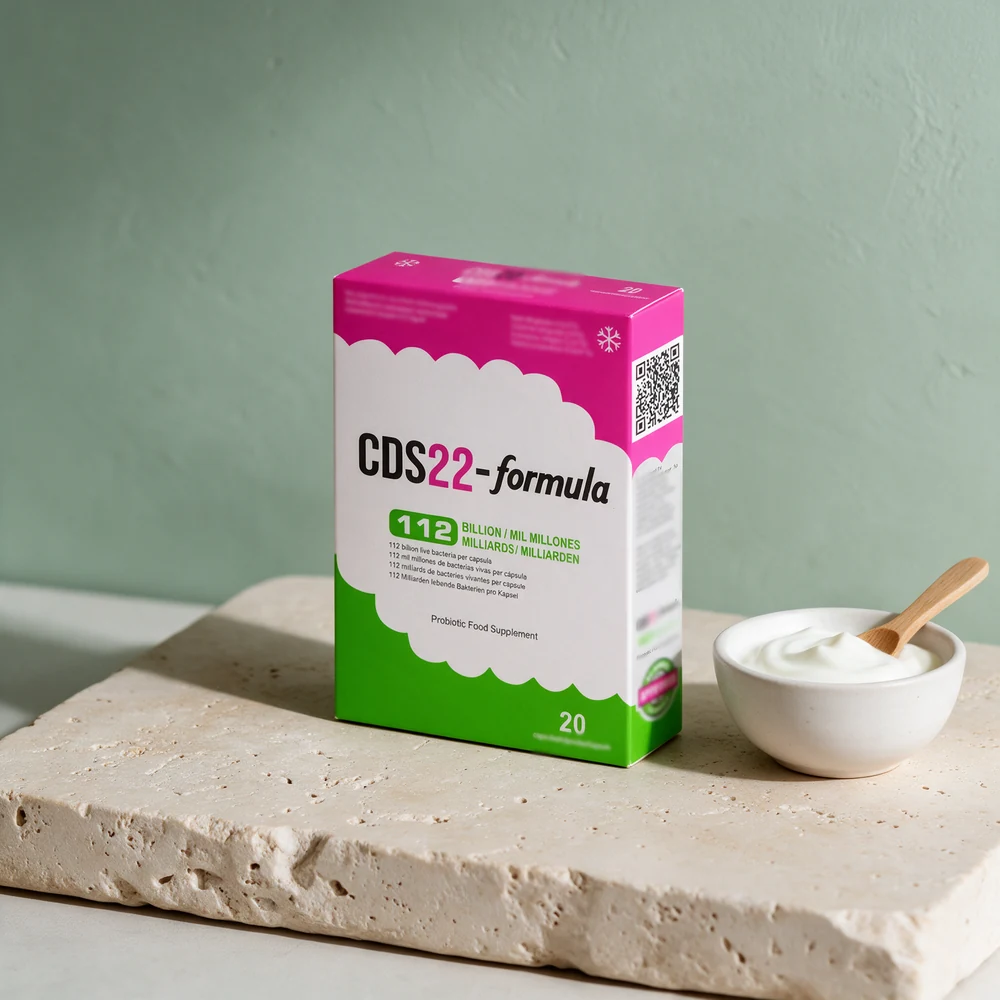 CDS22-formula, eske med 20 kapsler merket 112 billion, ved en skål yoghurt