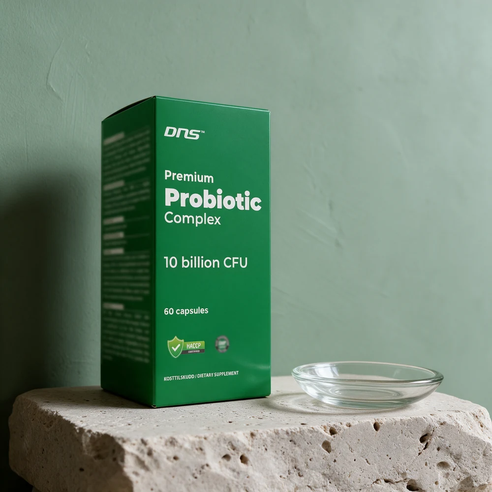 DNS Premium Probiotic Complex, eske med 60 kapsler merket 10 billion CFU