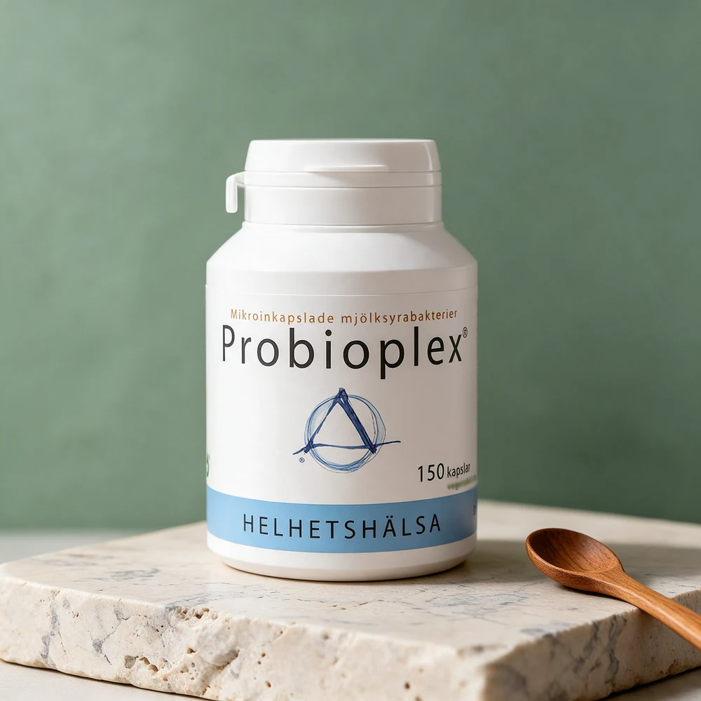 Helhetshälsa Probioplex, boks med 150 kapsler merket mikroinkapslade mjölksyrabakterier, ved en teskje