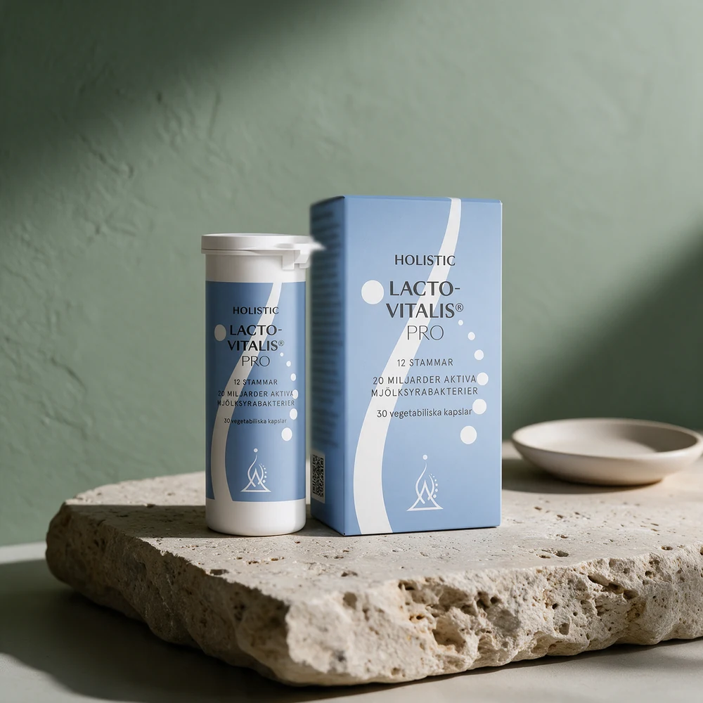 Holistic LactoVitalis Pro, boks og eske merket 12 stammar og 20 miljarder aktiva mjölksyrabakterier