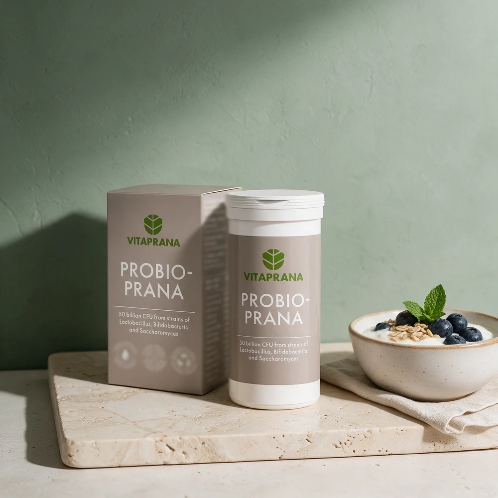 Vitaprana Probioprana, eske og boks merket 50 billion CFU fra Lactobacillus, Bifidobacteria og Saccharomyces