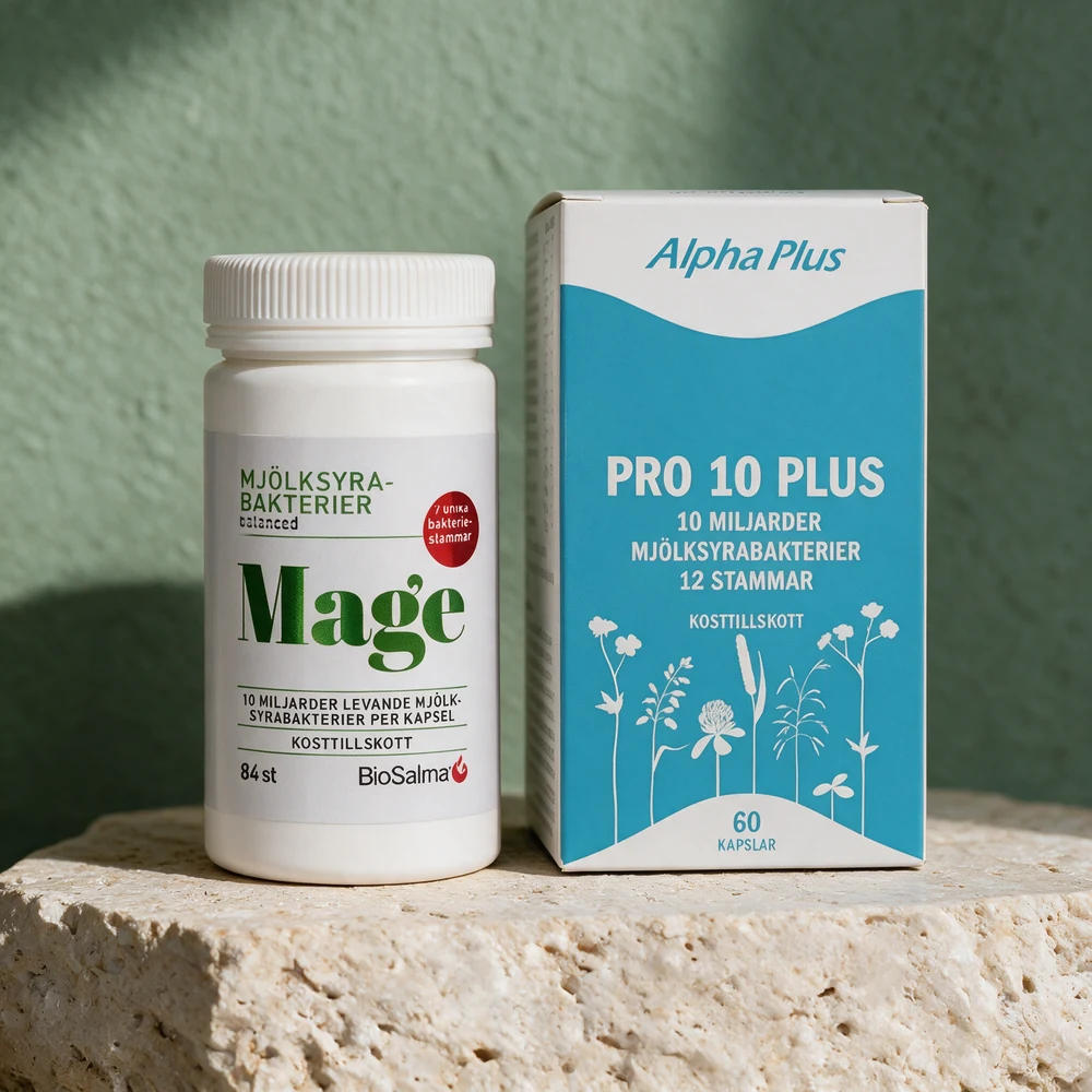 BioSalma Mjölksyrabakterier Mage, boks med 84 kapsler, og Alpha Plus Pro 10 Plus, eske med 60 kapsler