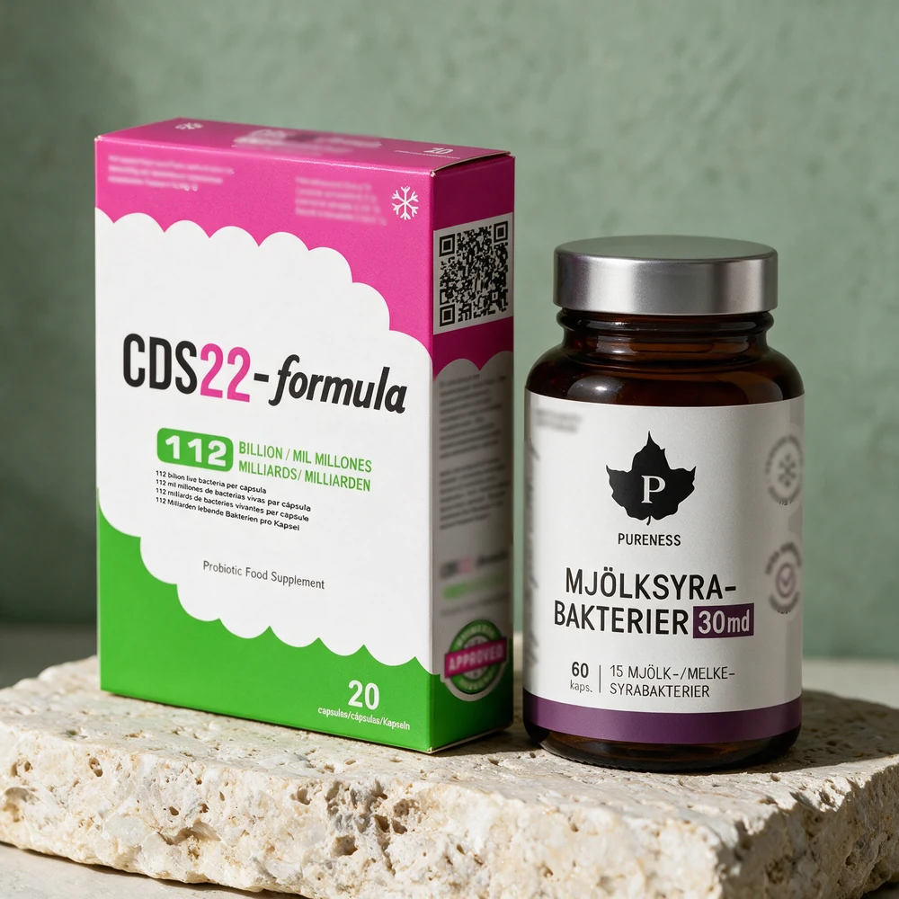 CDS22-formula, eske med 20 kapsler, og Pureness Mjölksyrabakterier 30 md, krukke med 60 kapsler