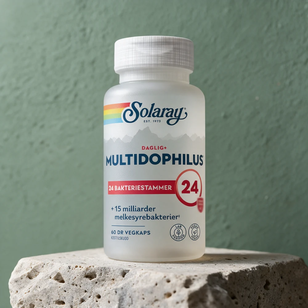 Solaray Multidophilus 24 Daglig+, boks med 60 kapsler merket 24 bakteriestammer