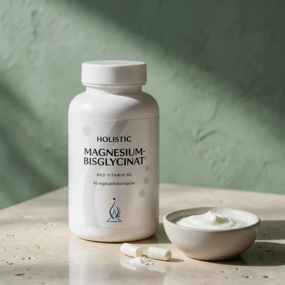 Holistic Magnesiumbisglycinat med vitamin B6, en åpnet kapsel og pulveret ved siden av