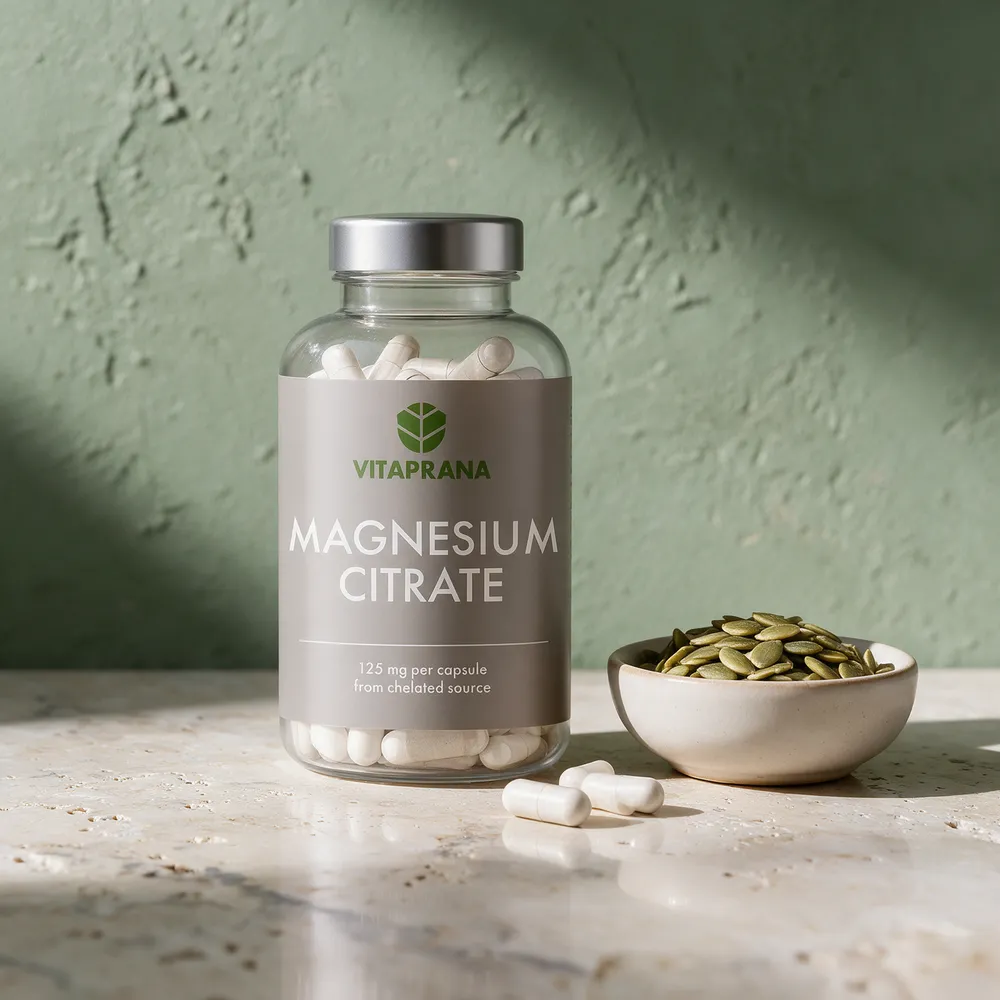 Vitaprana Magnesium Citrate, 125 mg per kapsel, med hvite kapsler