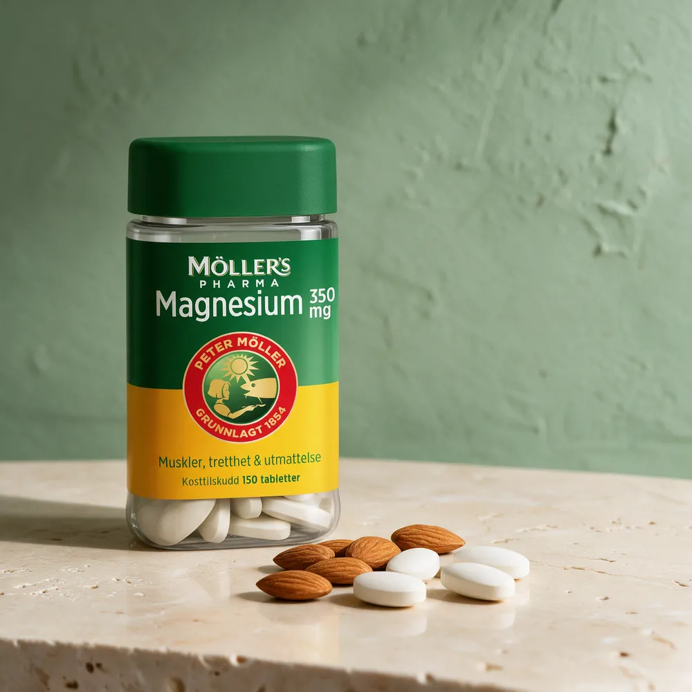 Møllers Pharma Magnesium 350 mg med hvite, mandelformede tabletter ved siden av mandler