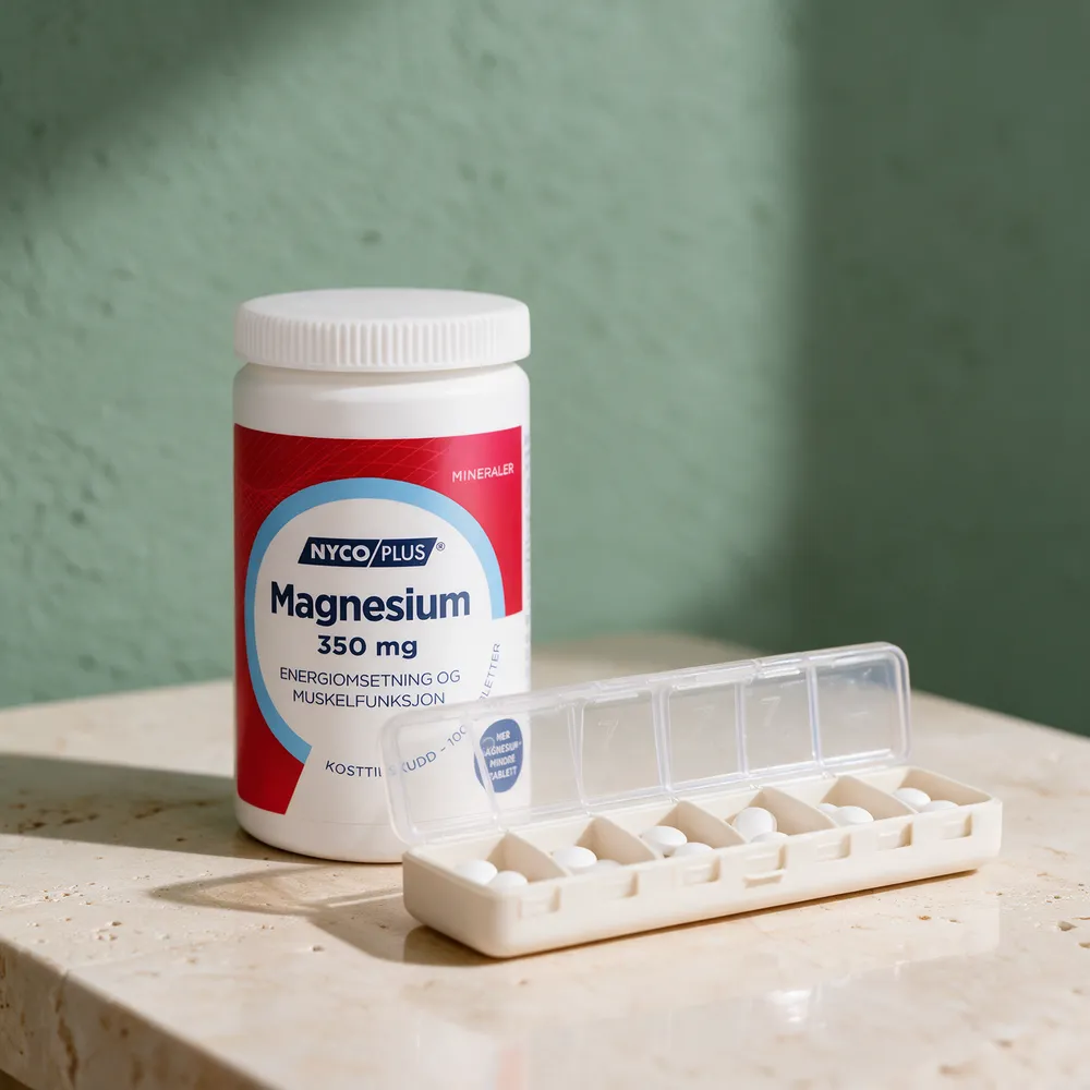 Nycoplus Magnesium 350 mg med hvite tabletter i en ukedosett