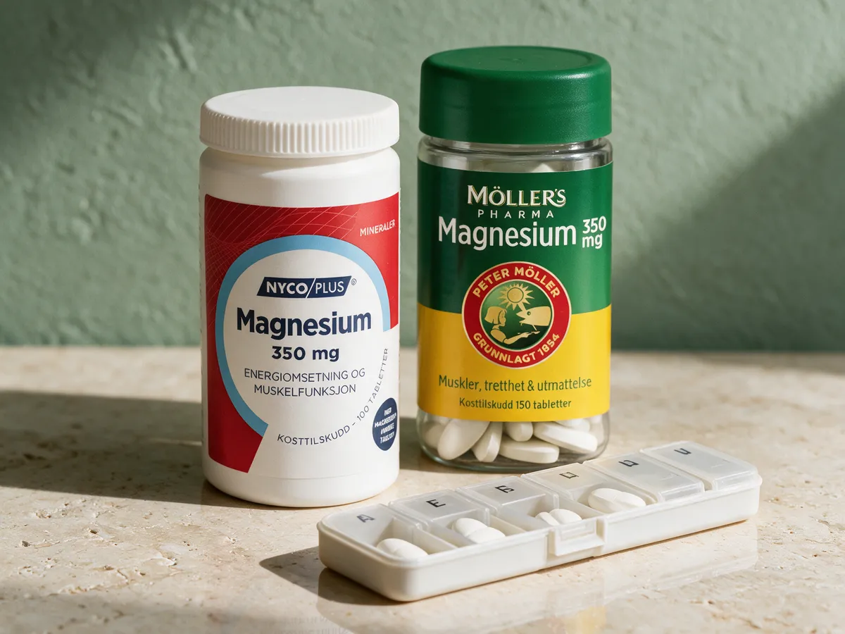 Nycoplus Magnesium 350 mg og Møllers Pharma Magnesium 350 mg med tabletter i en ukedosett