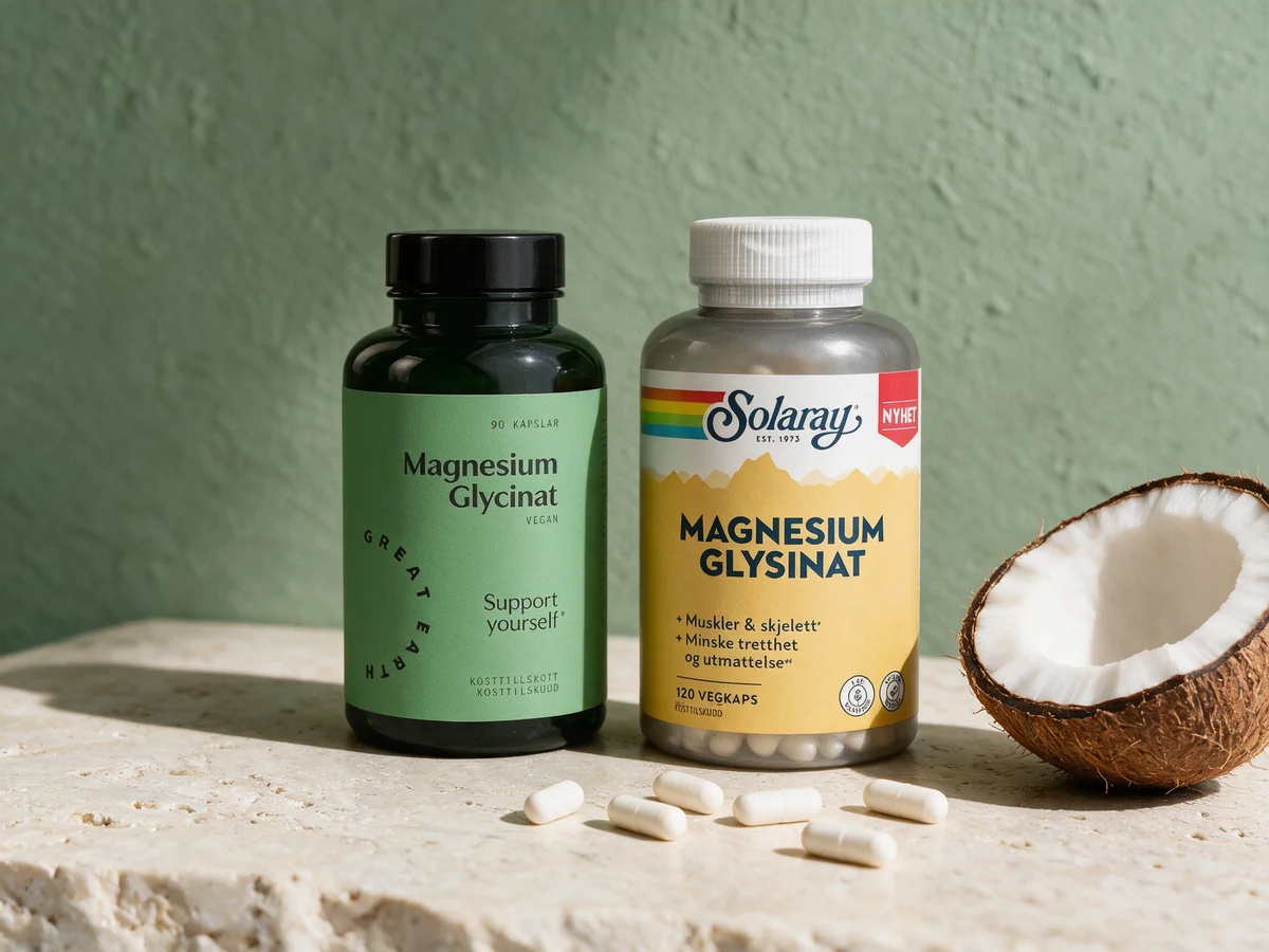 Great Earth Magnesium Glycinat og Solaray Magnesium Glysinat, to bisglysinater med ulik full dose