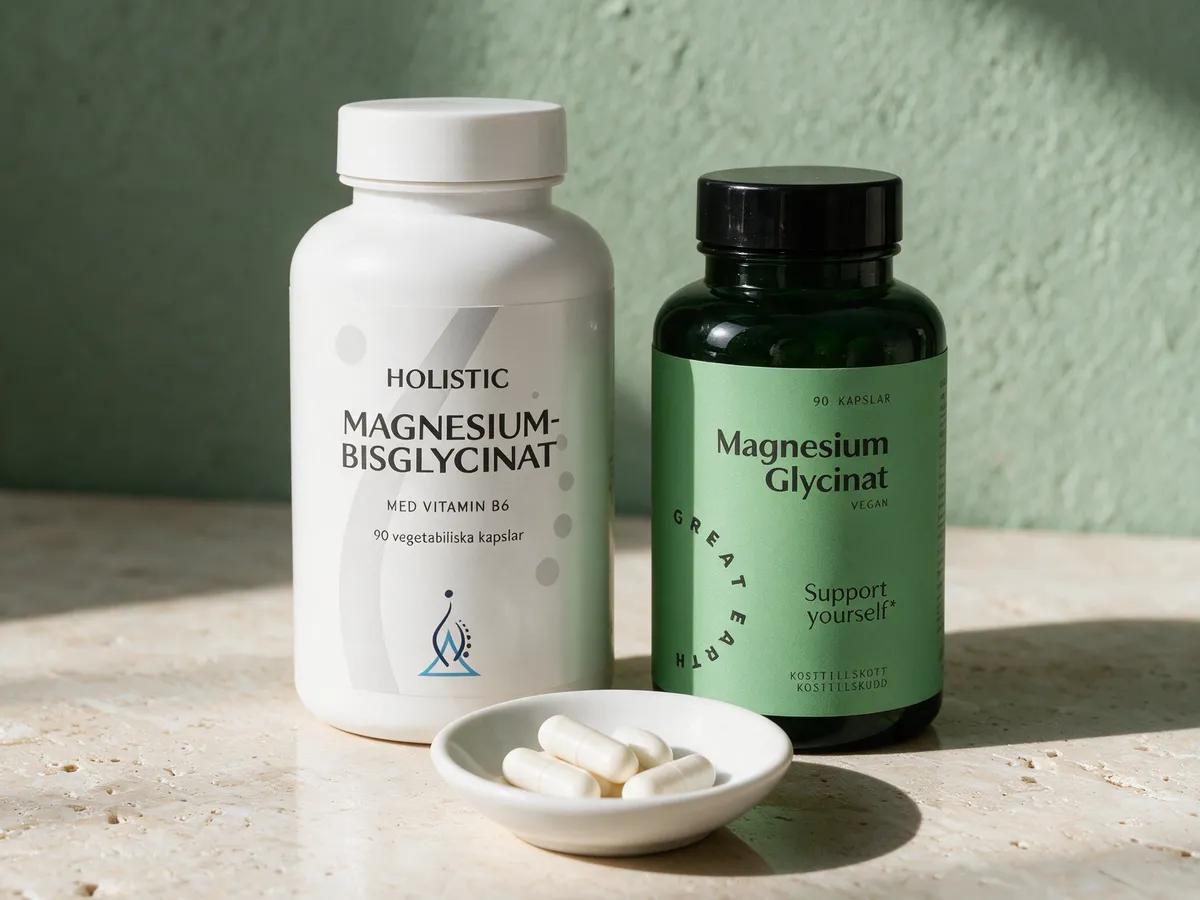 Holistic Magnesiumbisglycinat og Great Earth Magnesium Glycinat, to bisglysinatkapsler