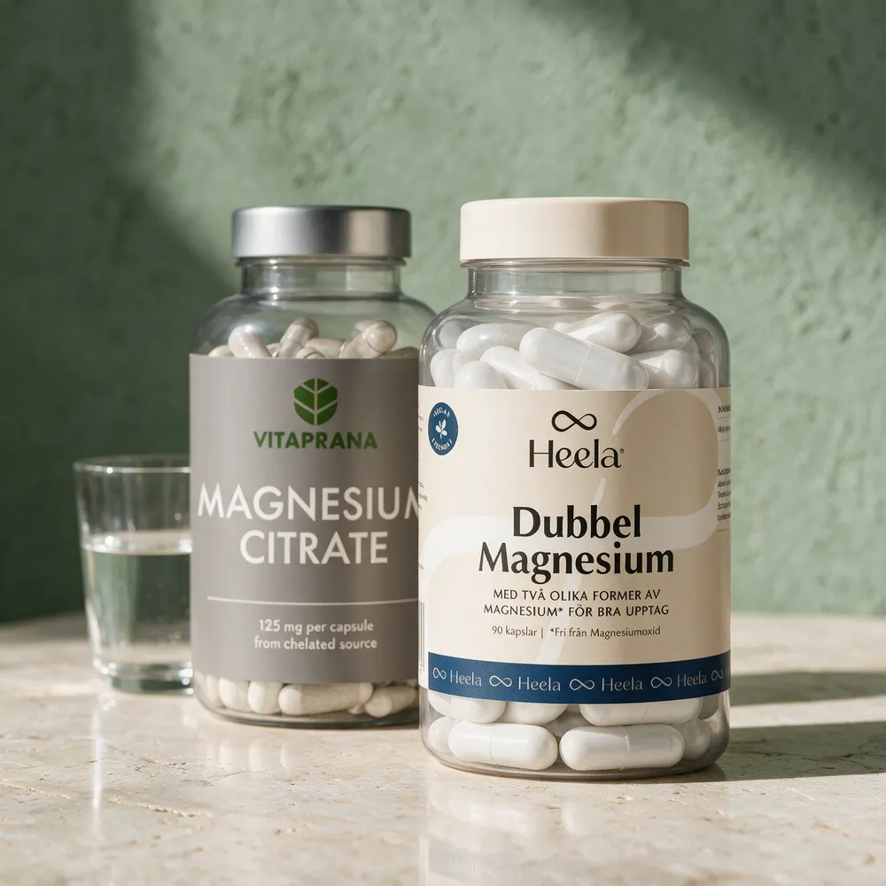 Vitaprana Magnesium Citrate med 125 mg per kapsel og Heela Dubbel Magnesium med to magnesiumformer