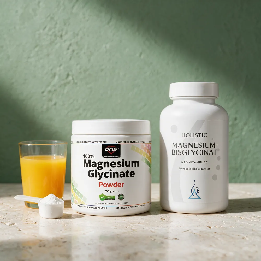 DNS Magnesium Glycinate Powder med en måleskje pulver og Holistic Magnesiumbisglycinat i kapsler