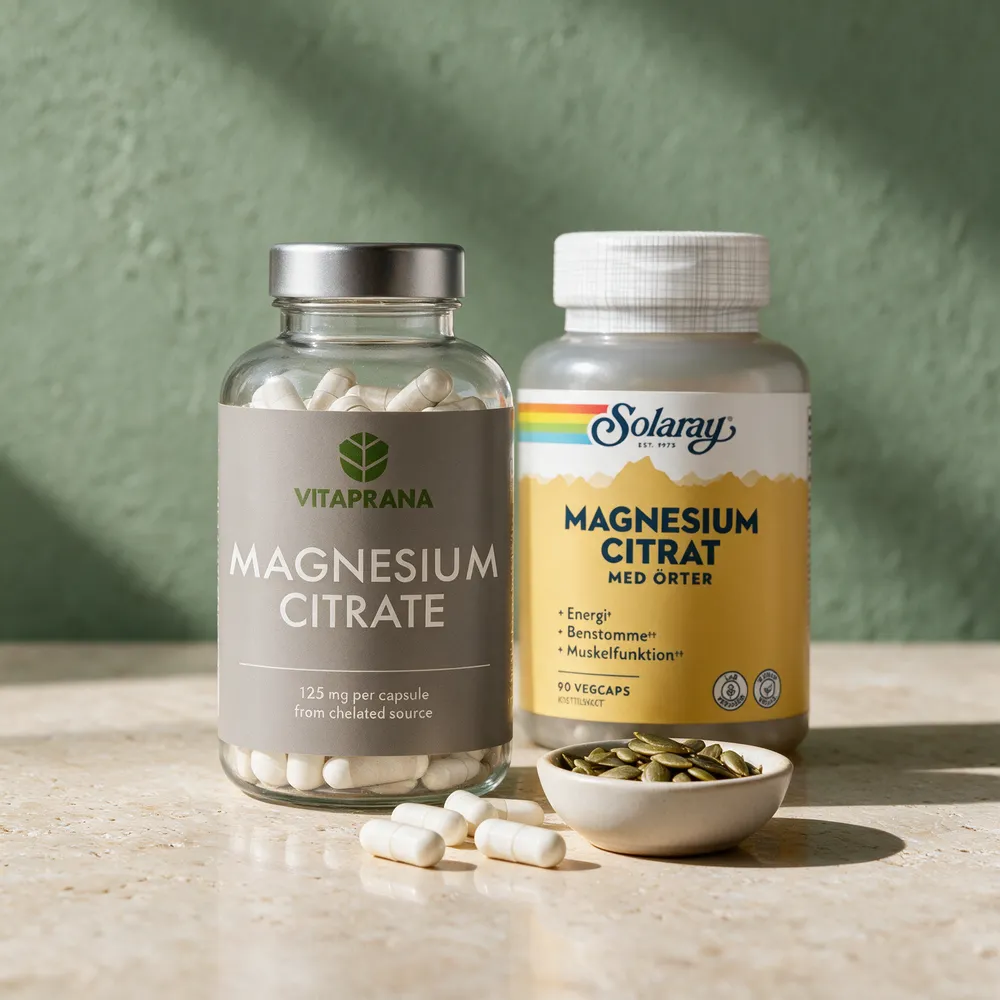 Vitaprana Magnesium Citrate og Solaray Magnesium Citrat med urter, to sitratkapsler